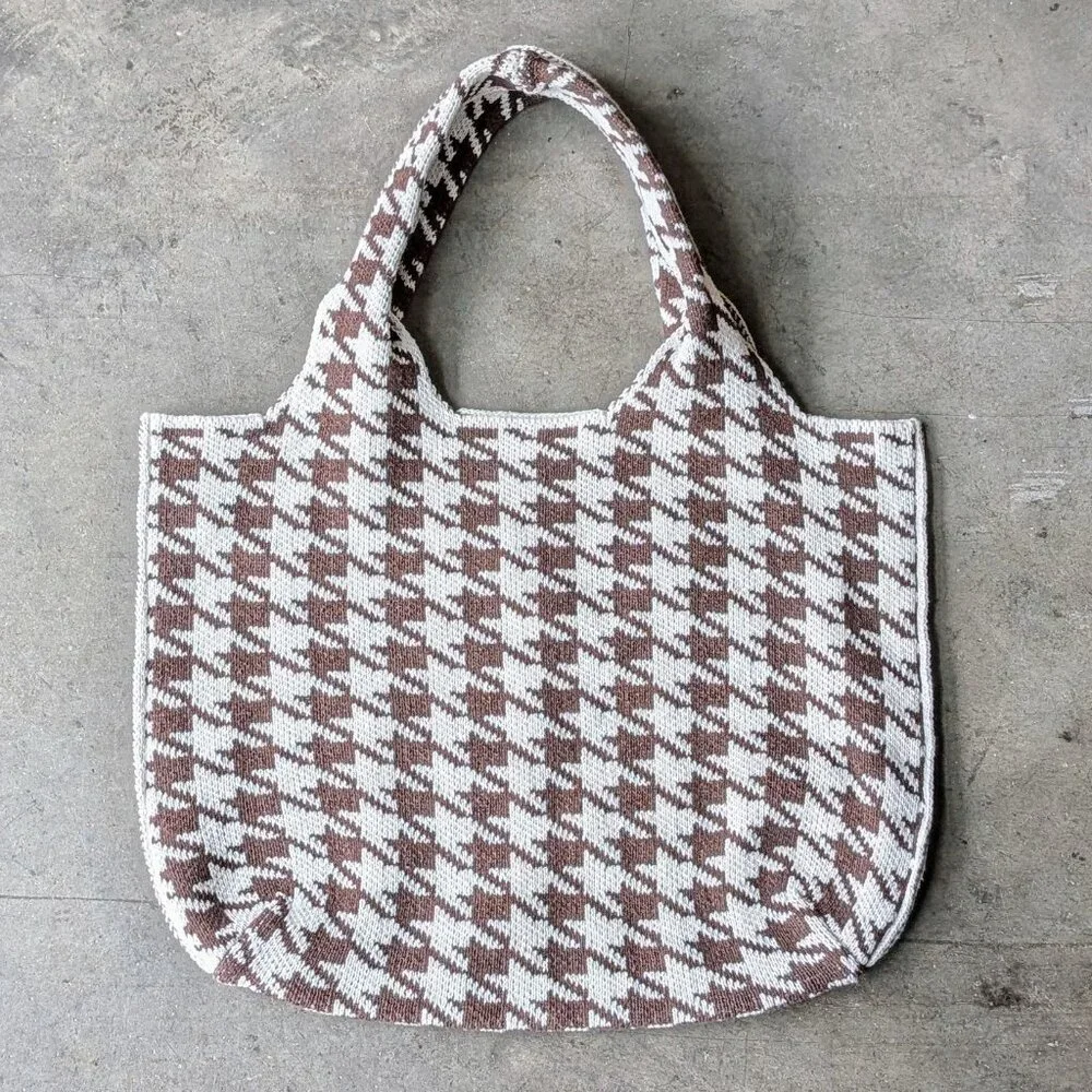 Anthropologie Printed Knit Tote Bag Brown Knit Houndstooth